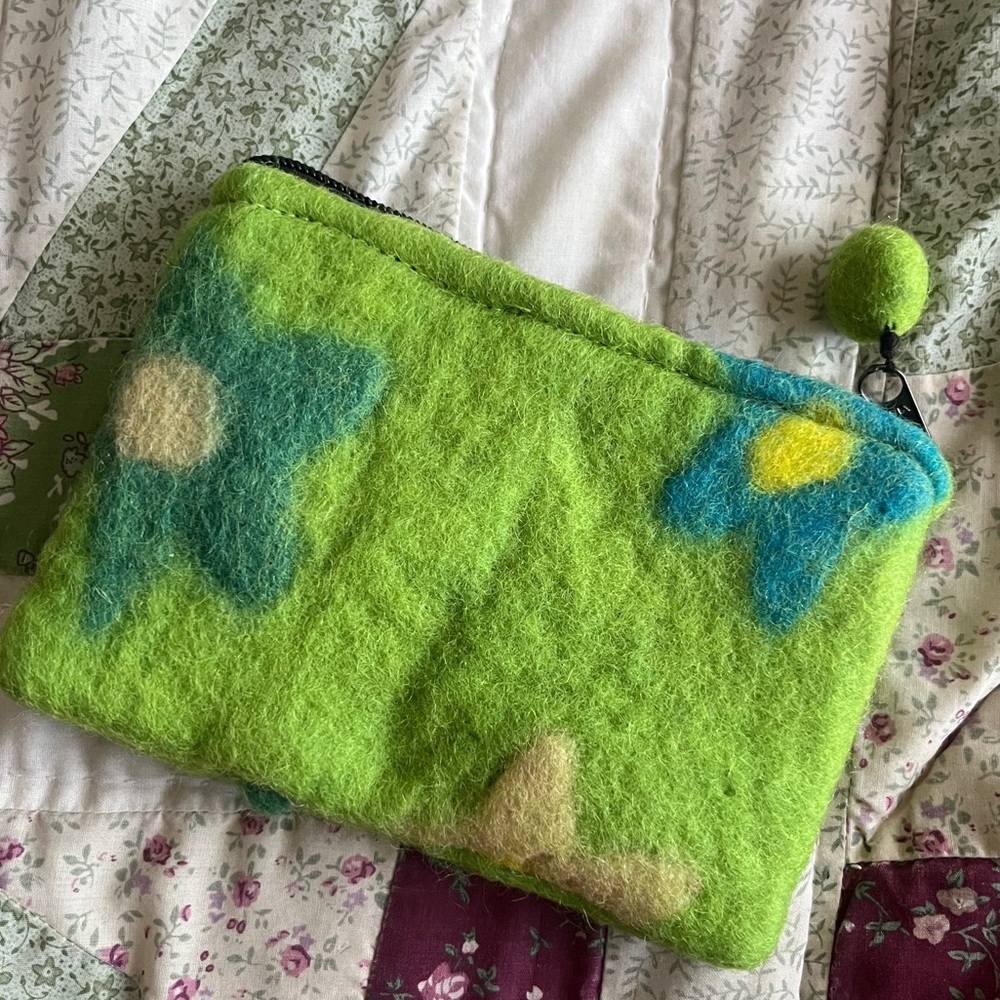 Green wool handmade small zippered pouch